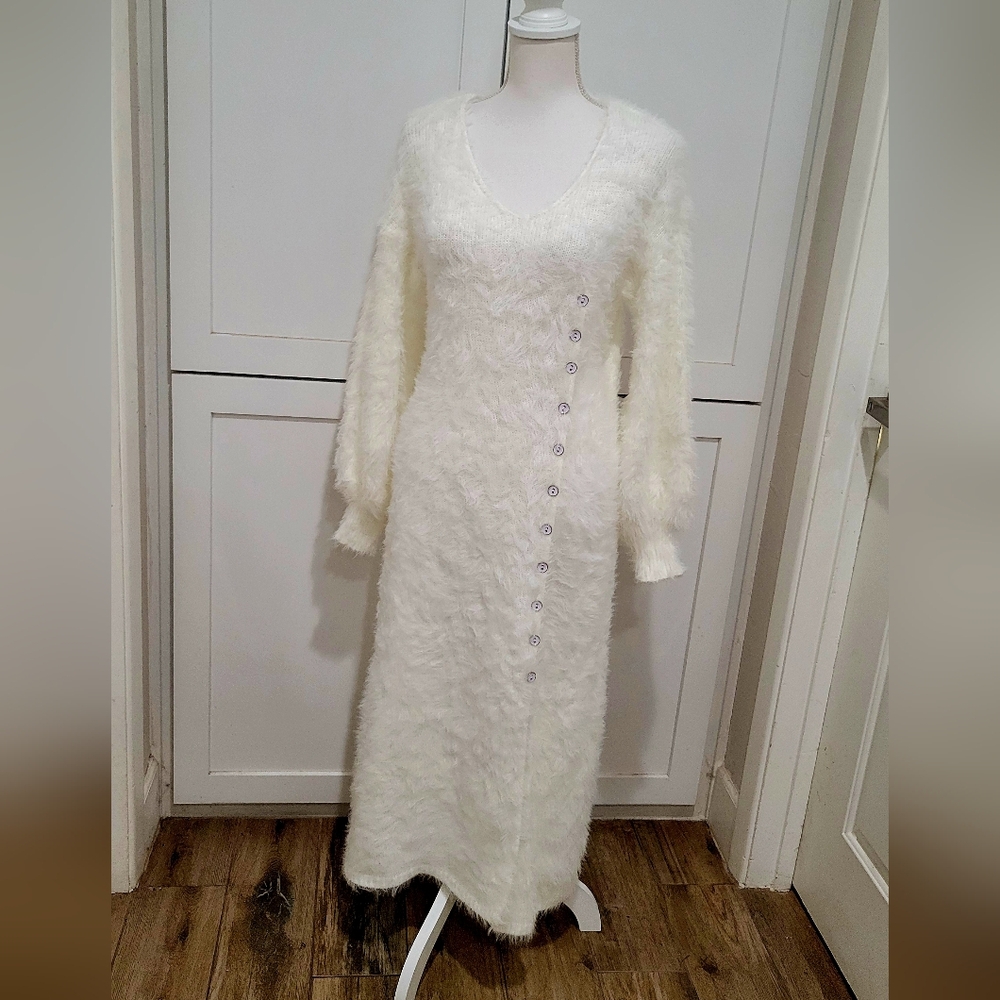 NWT Oyrosy White Faux Angora Sweater Dress | Size XS